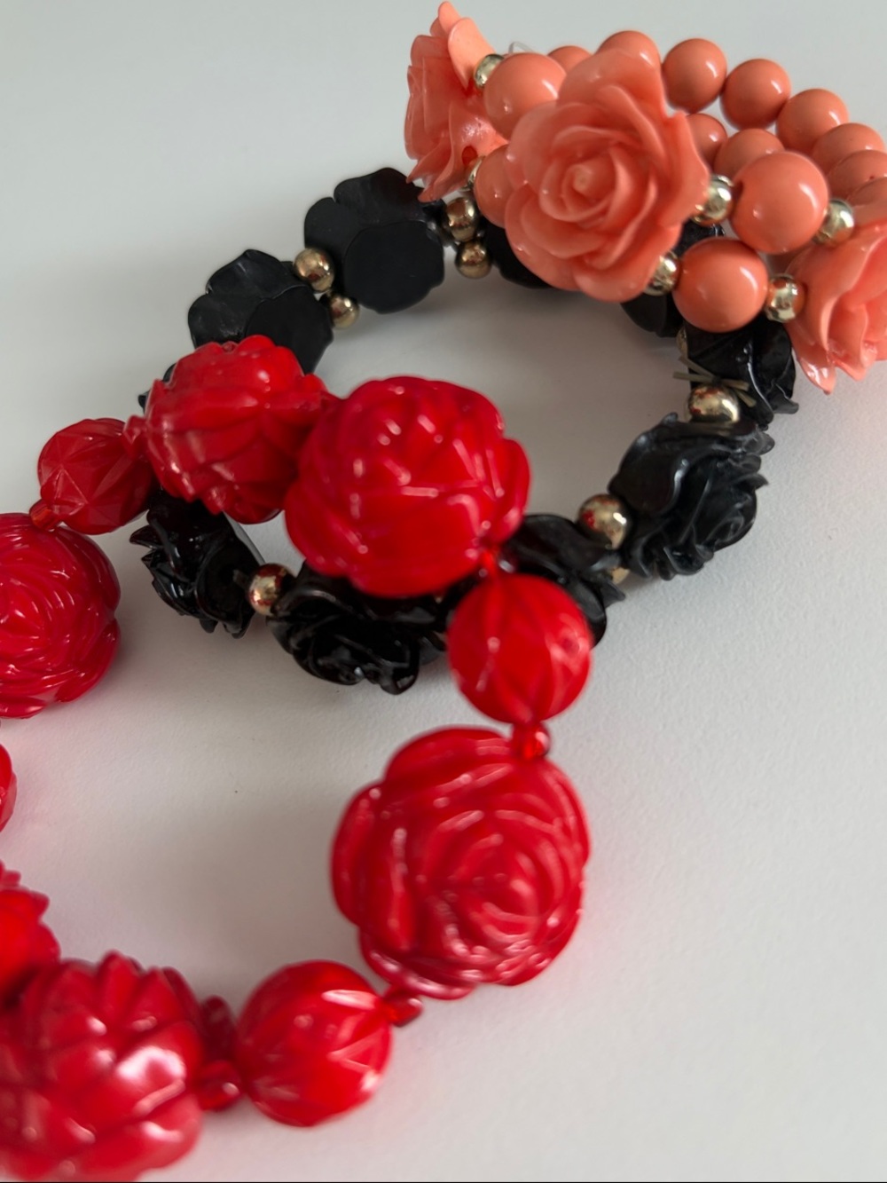 Rose Stretch Bracelet Collection          Black, Red and Peach
